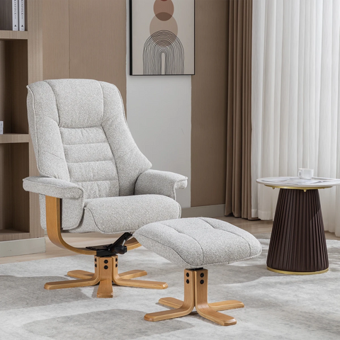 A light beige textured fabric recliner chair with a matching ottoman, both featuring natural wood swivel bases, shown in a modern living room setting.