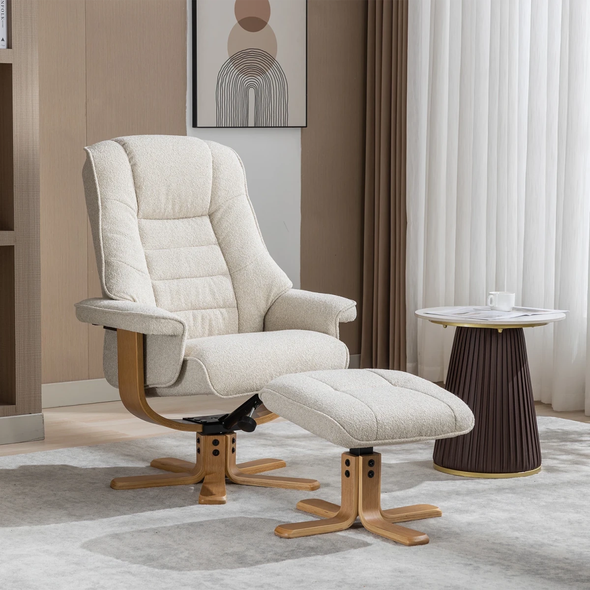 A cream-colored upholstered swivel armchair with a matching ottoman, shown in a modern living room setting with a side table, curtains, and a rug.