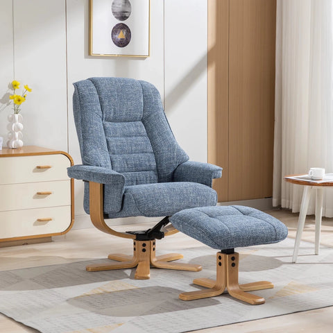 A blue textured fabric swivel recliner chair with a matching ottoman, both featuring light wood legs, shown in a bright, modern room setting.