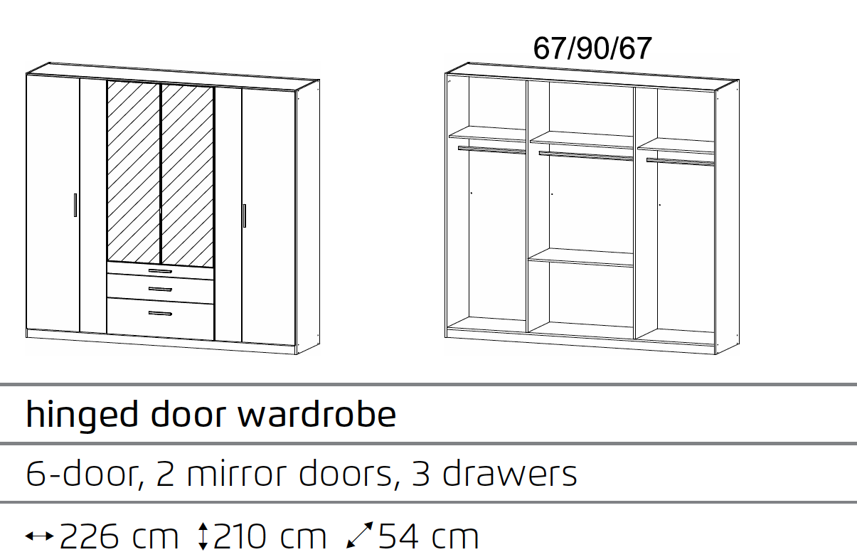 Rauch Mosbach 6 Door White & Oak Wardrobe with Mirror and Drawers Width 226cm height 210cm and Depth 54cm - Dimensions and Interior Details