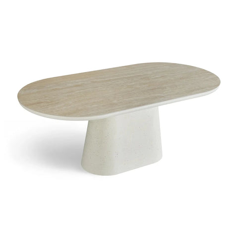 Modern coffee table with a light wood top and white base on a white background