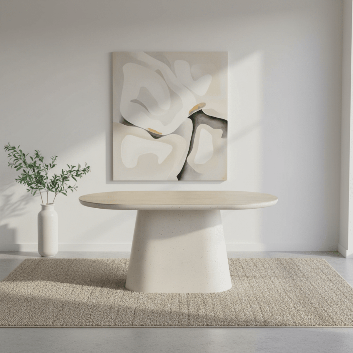 Modern dining table with a wooden top and concrete base on a white background