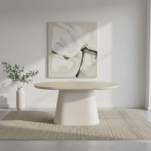 Modern dining table with a wooden top and concrete base on a white background