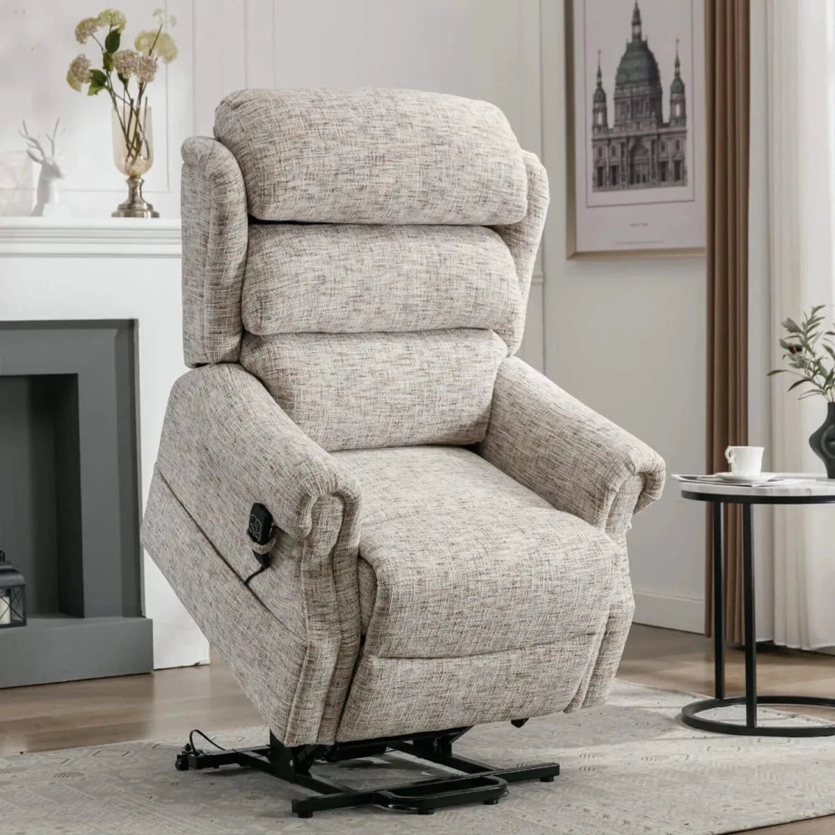 Selsey Oatmeal Fabric Dual Motor Rise and Recline Chair in Rising position to support getting out of the chair 