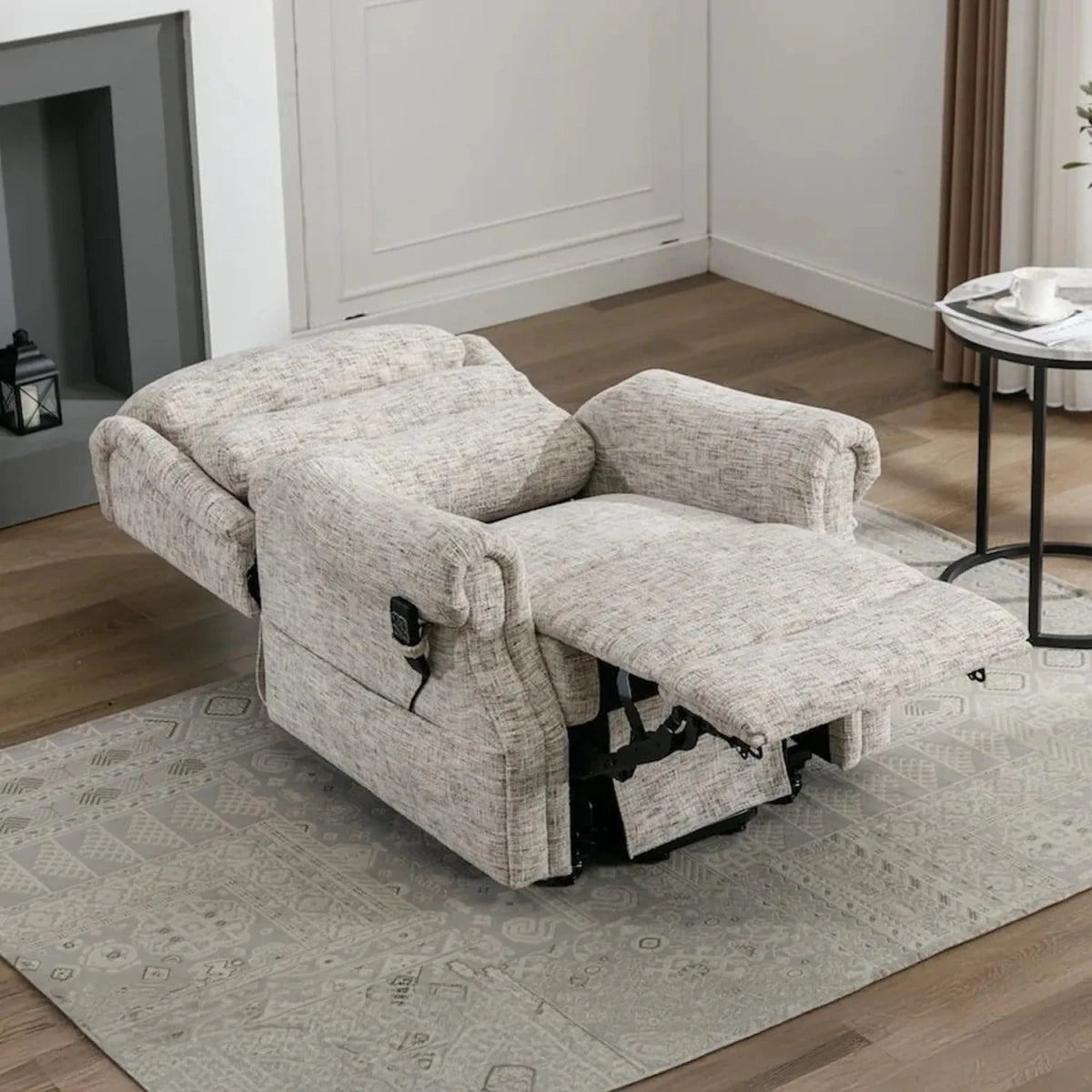 Selsey Oatmeal Fabric Dual Motor Rise and Recline Chair in flat position with backrest flat and leg rest elevated