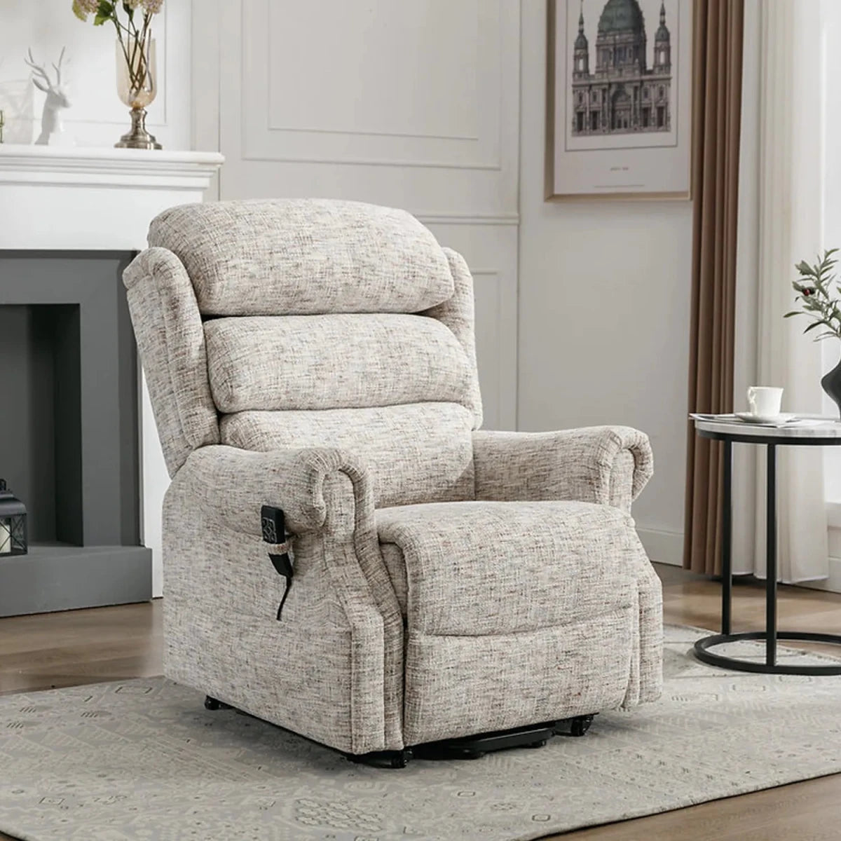 Lifestyle image of Selsey Oatmeal Fabric Dual Motor Rise and Recline Chair