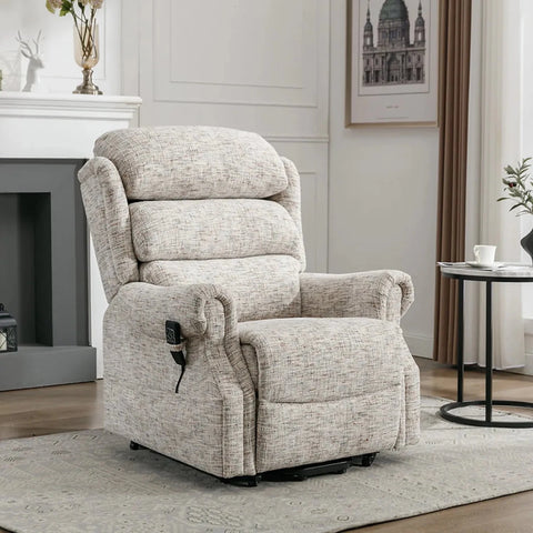 Lifestyle image of Selsey Oatmeal Fabric Dual Motor Rise and Recline Chair