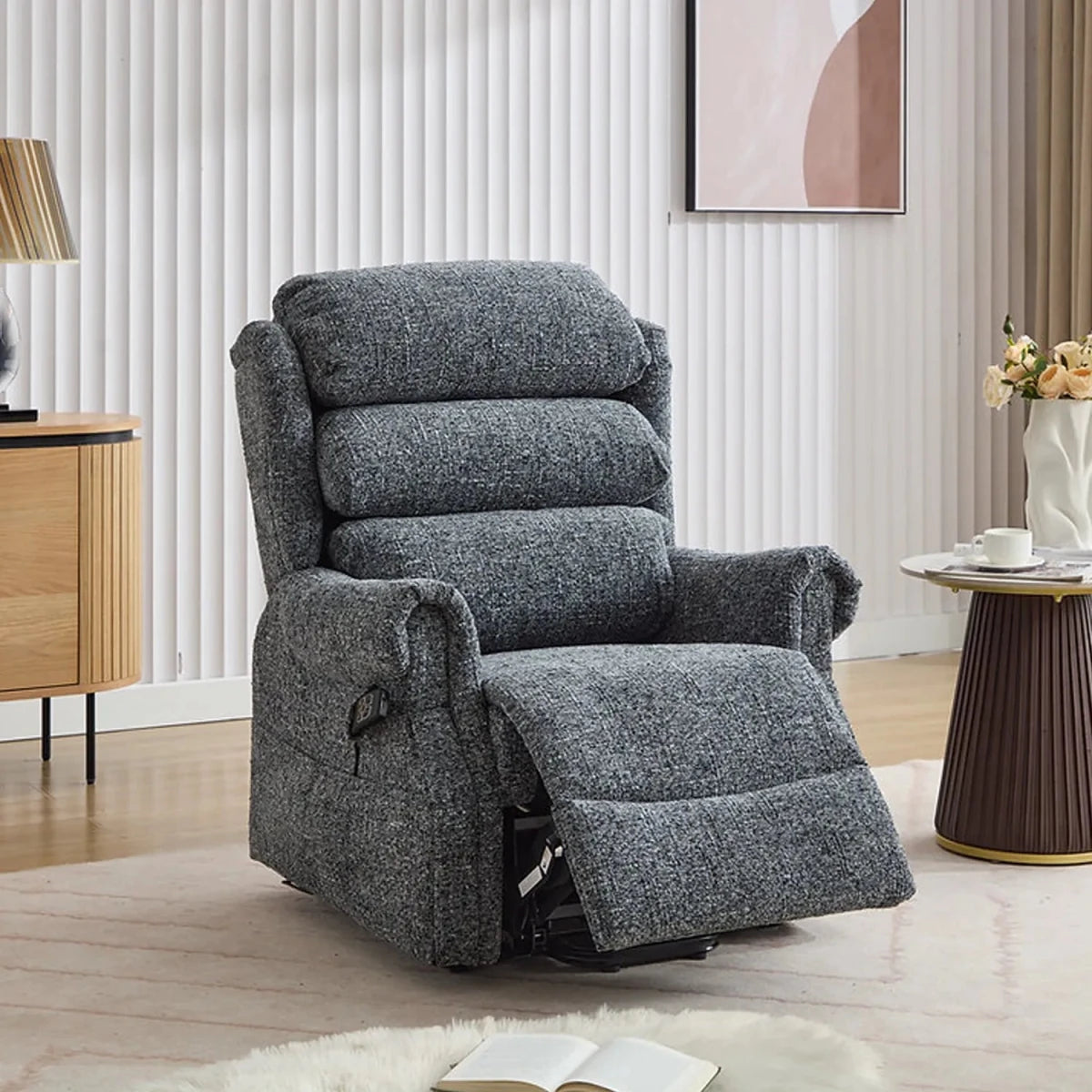 Selsey Oatmeal Fabric Dual Motor Rise and Recline Chair in Stormcloud Grey