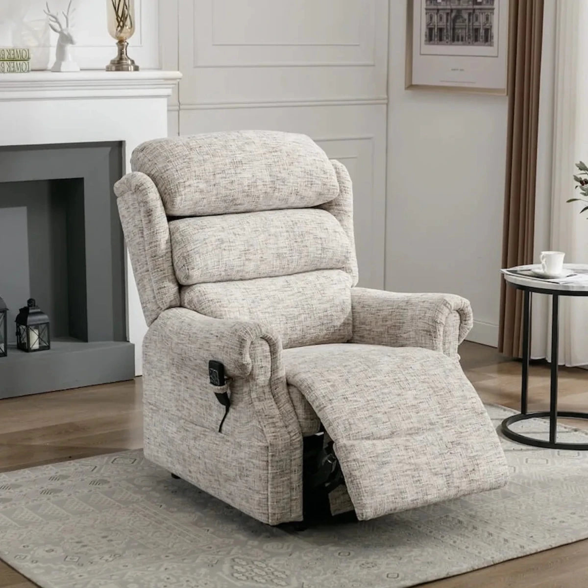Selsey Oatmeal Fabric Dual Motor Rise and Recline Chair showing seat rising as a footstool