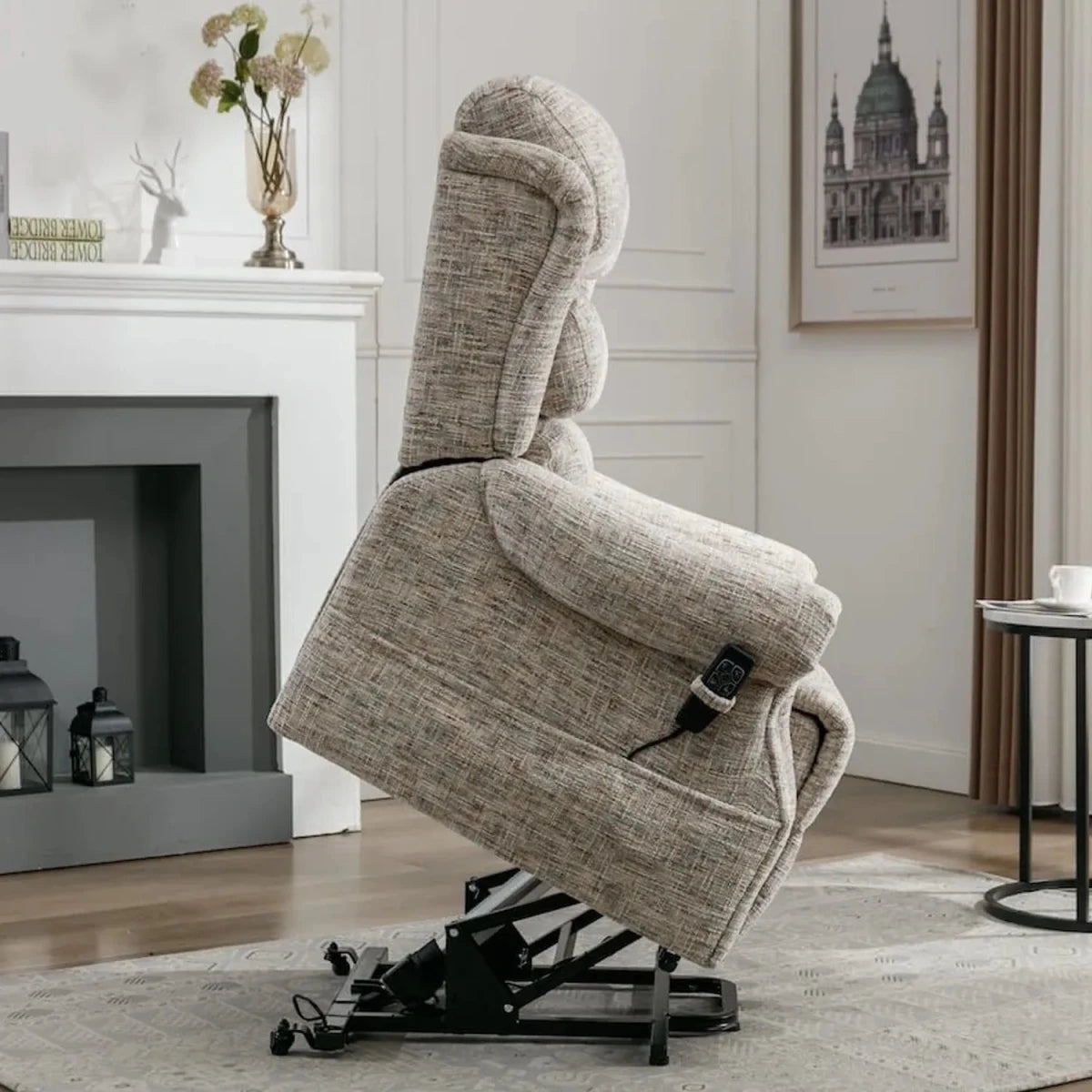 Side View of Selsey Oatmeal Fabric Dual Motor Rise and Recline Chair rising forward  to support getting out of chair 
