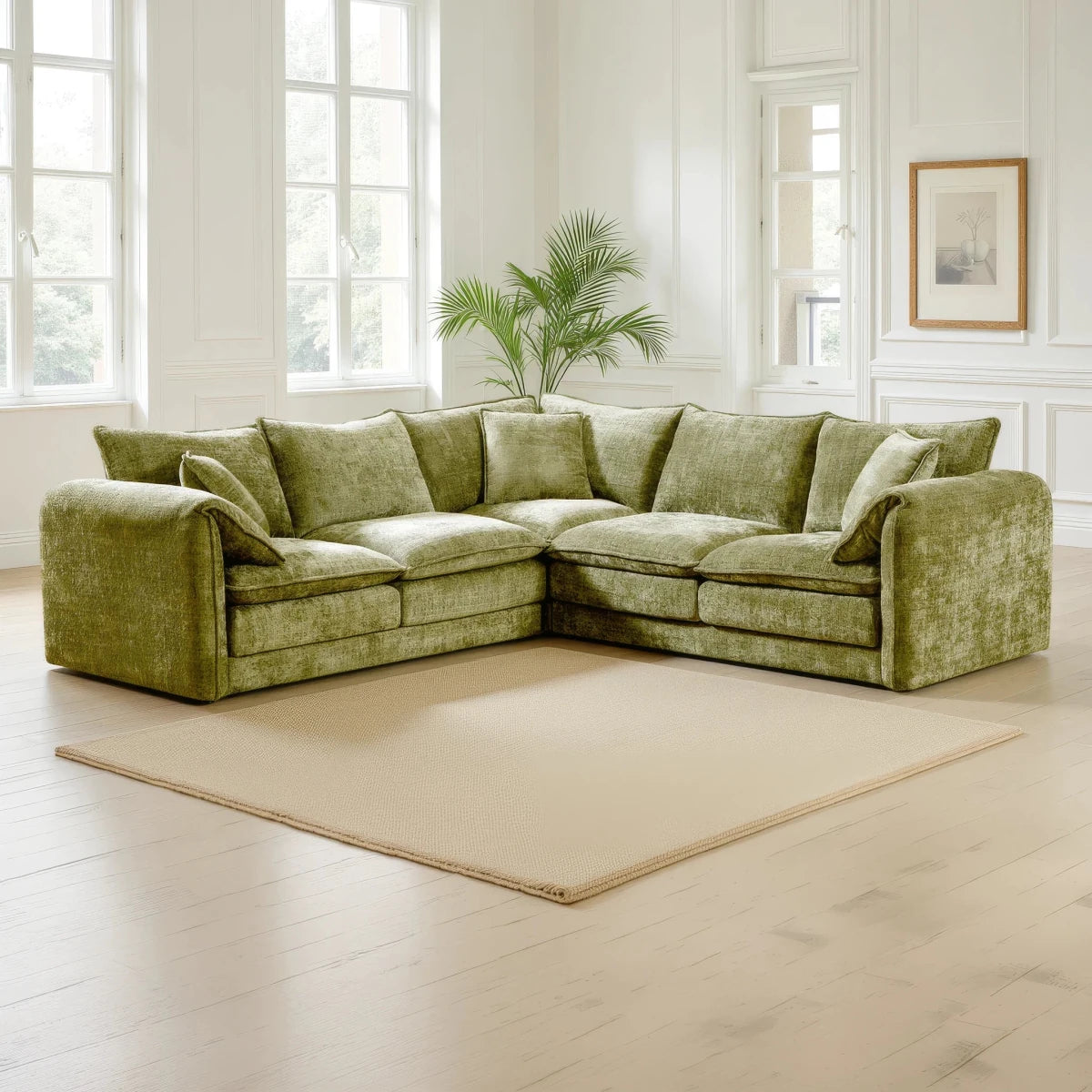 Relax in luxury with the Shaldon Green Fabric 2 Corner 2 Corner Sofa featuring pocket coil seats, chenille upholstery and exceptional comfort. Available in 4 colours.