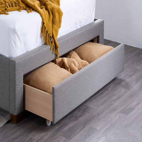 Large capacity drawers for bedding and clothing.