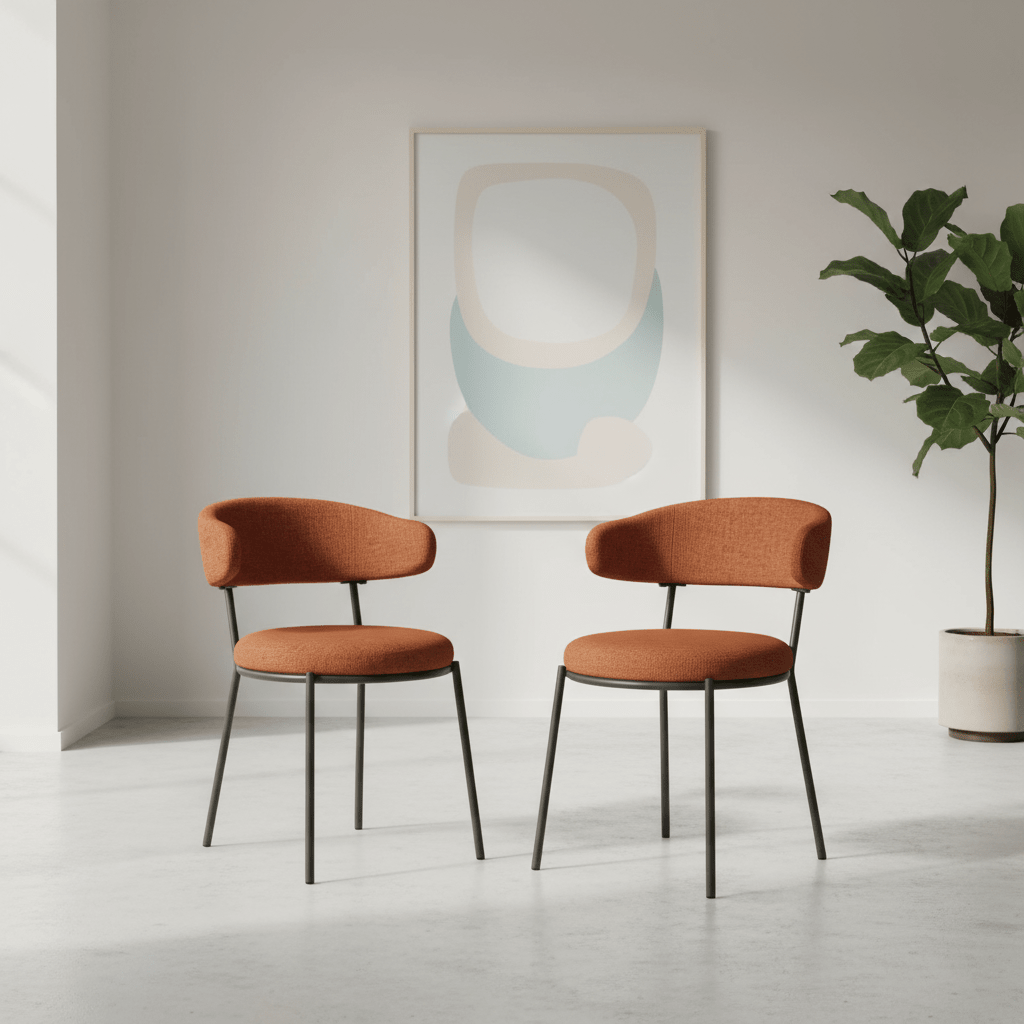 Two modern dining chairs with rust-orange upholstered seats and backs and black metal legs, placed in a bright minimalist room with a framed abstract print and a potted plant.
