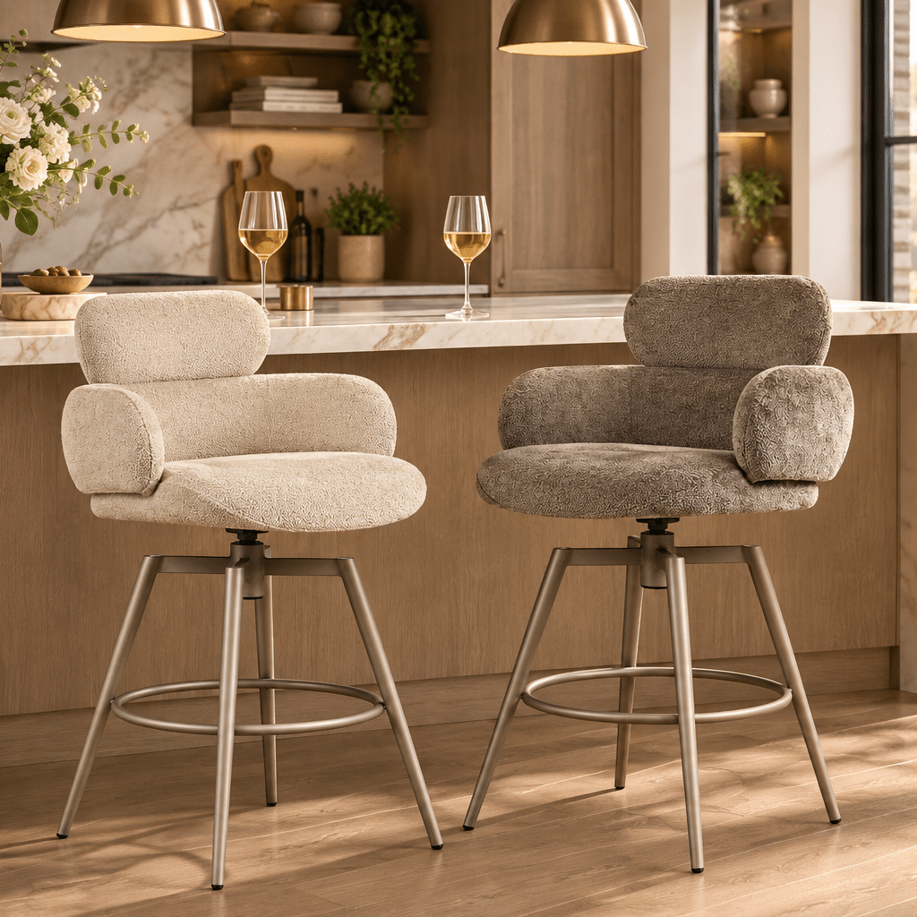 Shop Sirius swivel bar stools in Beige or Mocha. Padded seats, powder-coated finish and 66cm seat height. Perfect for kitchen islands and breakfast bars.