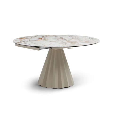 Skylar Champagne Round Extending Dining Table with Sunset Marble Vein Effect Ceramic Top