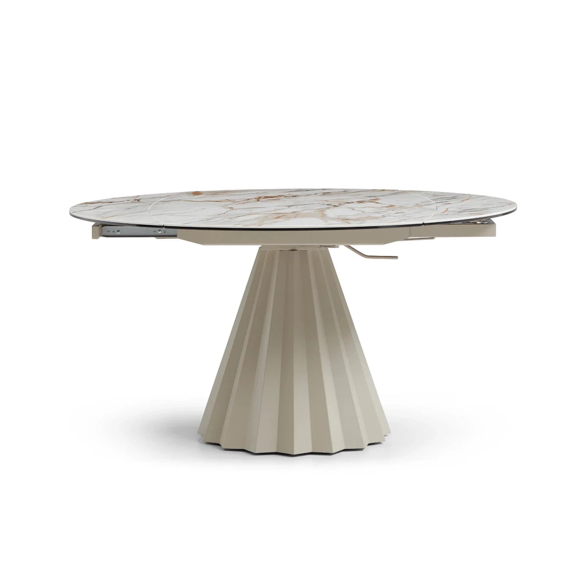 Round dining table with marble top and pleated base on a white background
