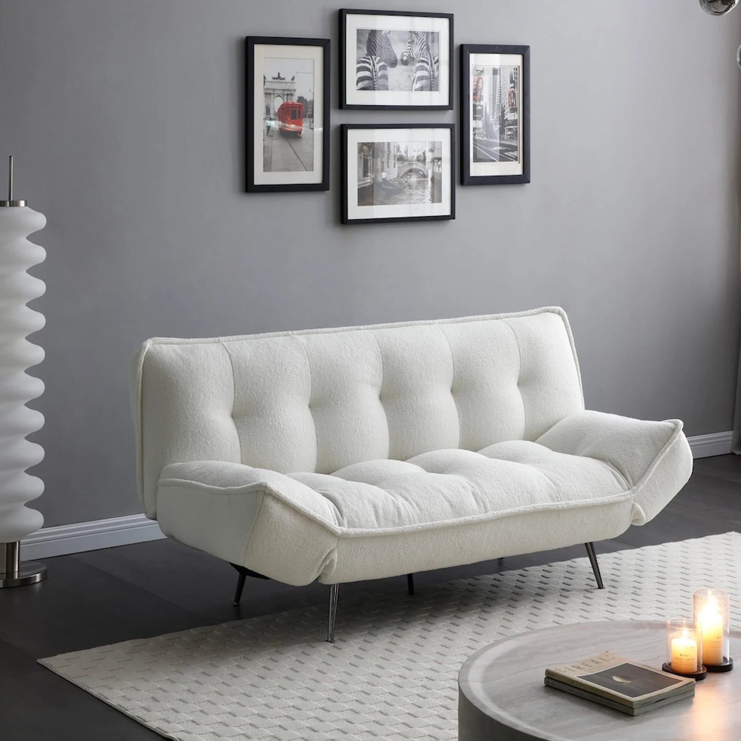 Sofia Cream Fabric 3 Seater Sofa Bed, also available in Grey - Cream Sofa Bed Lifestyle Image