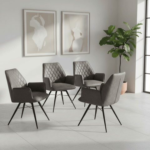 Solaris Swivel Armchair in Charcoal Suede Faux, Set of 4