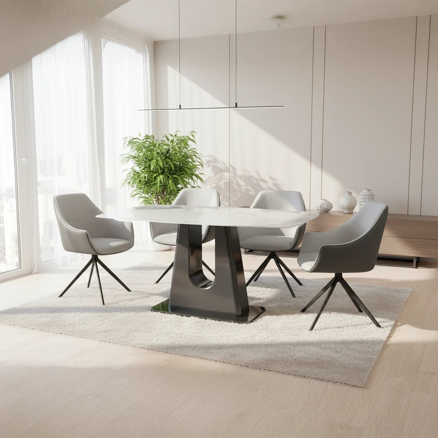 Solo White Sintered Stone Dining Table with Porto Swivel Dining Chairs - Pendle Village Furniture