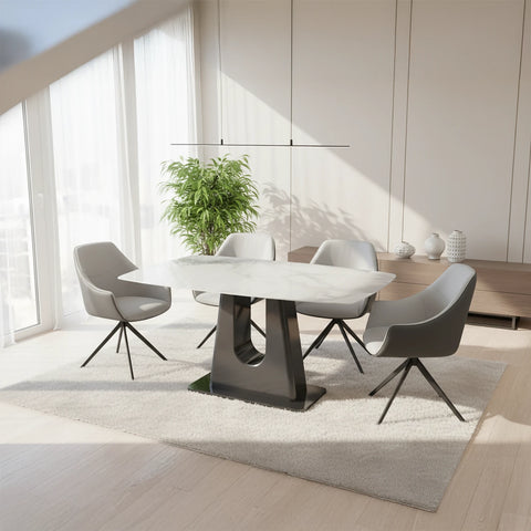 Solo White Sintered Stone Dining Table with Porto Swivel Dining Chairs - Pendle Village Furniture