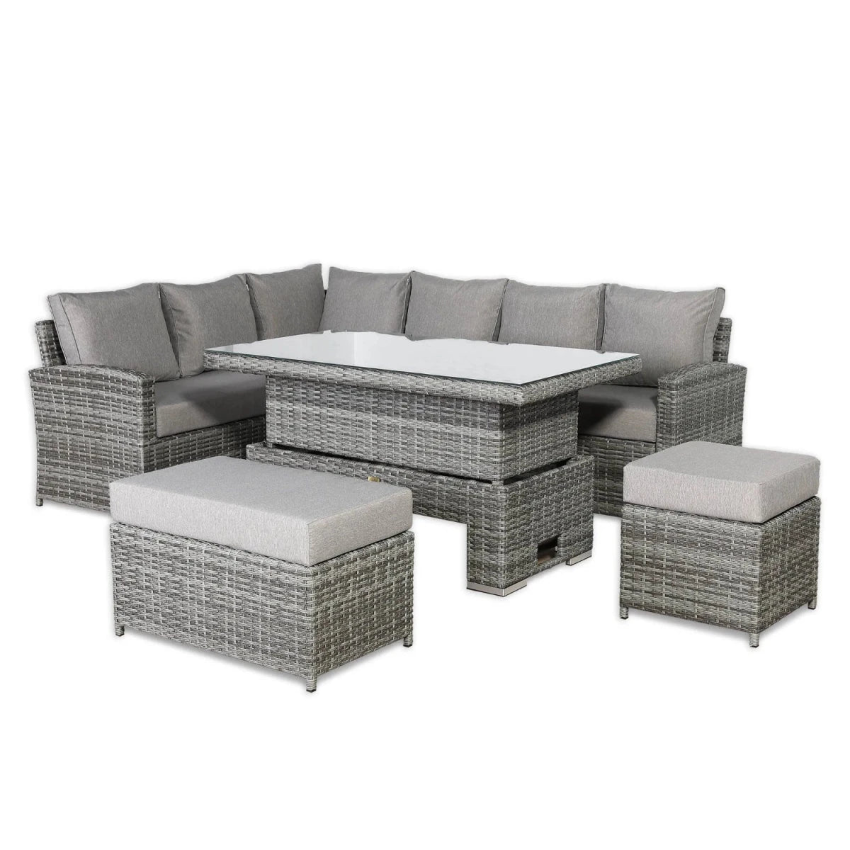 Modern L-shape garden sofa set designed for dining and relaxation.