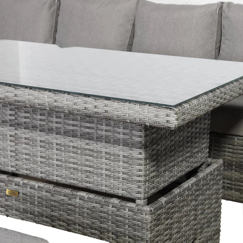 Adjustable rising table converting from coffee to dining height.