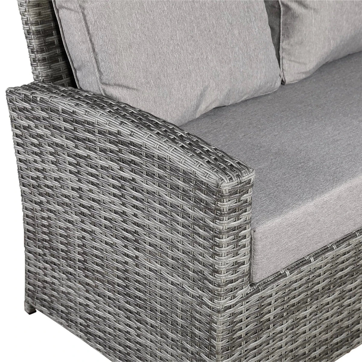 Outdoor furniture with premium fabric cushions and soft finish.