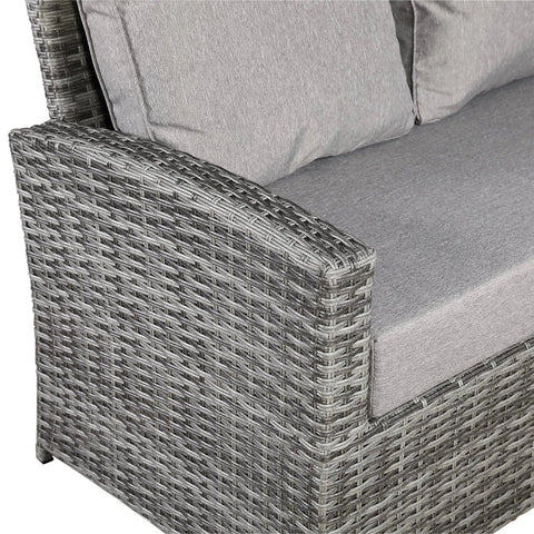 Outdoor furniture with premium fabric cushions and soft finish.