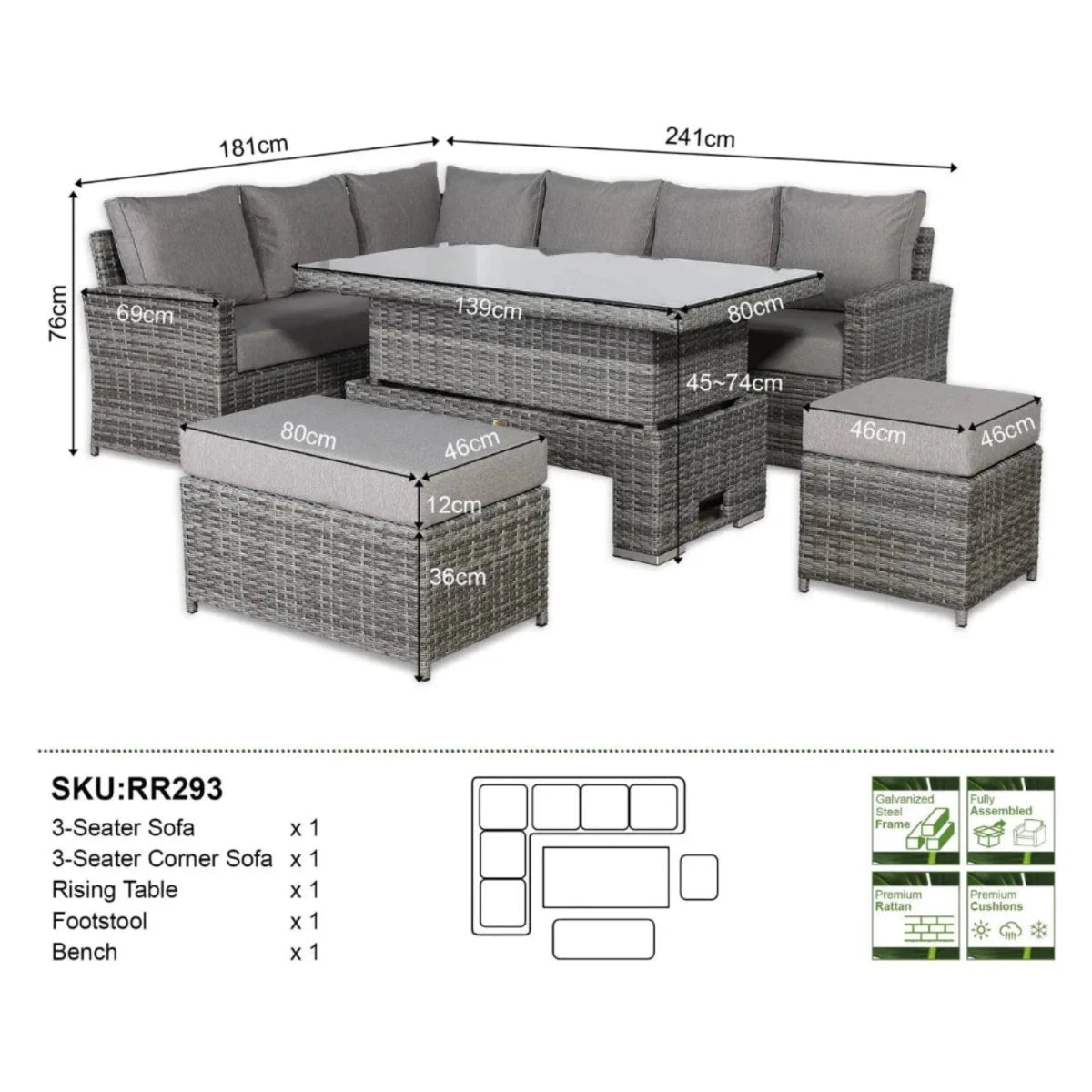 Complete size guide for left-hand corner garden dining set.