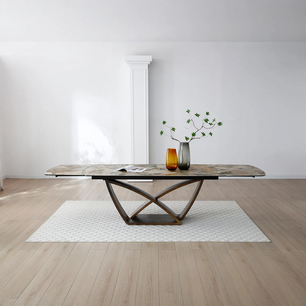Sorrento Matt Ivory &amp; Emerald Vein Italian Ceramic Extending Dining Table - Styled in a room