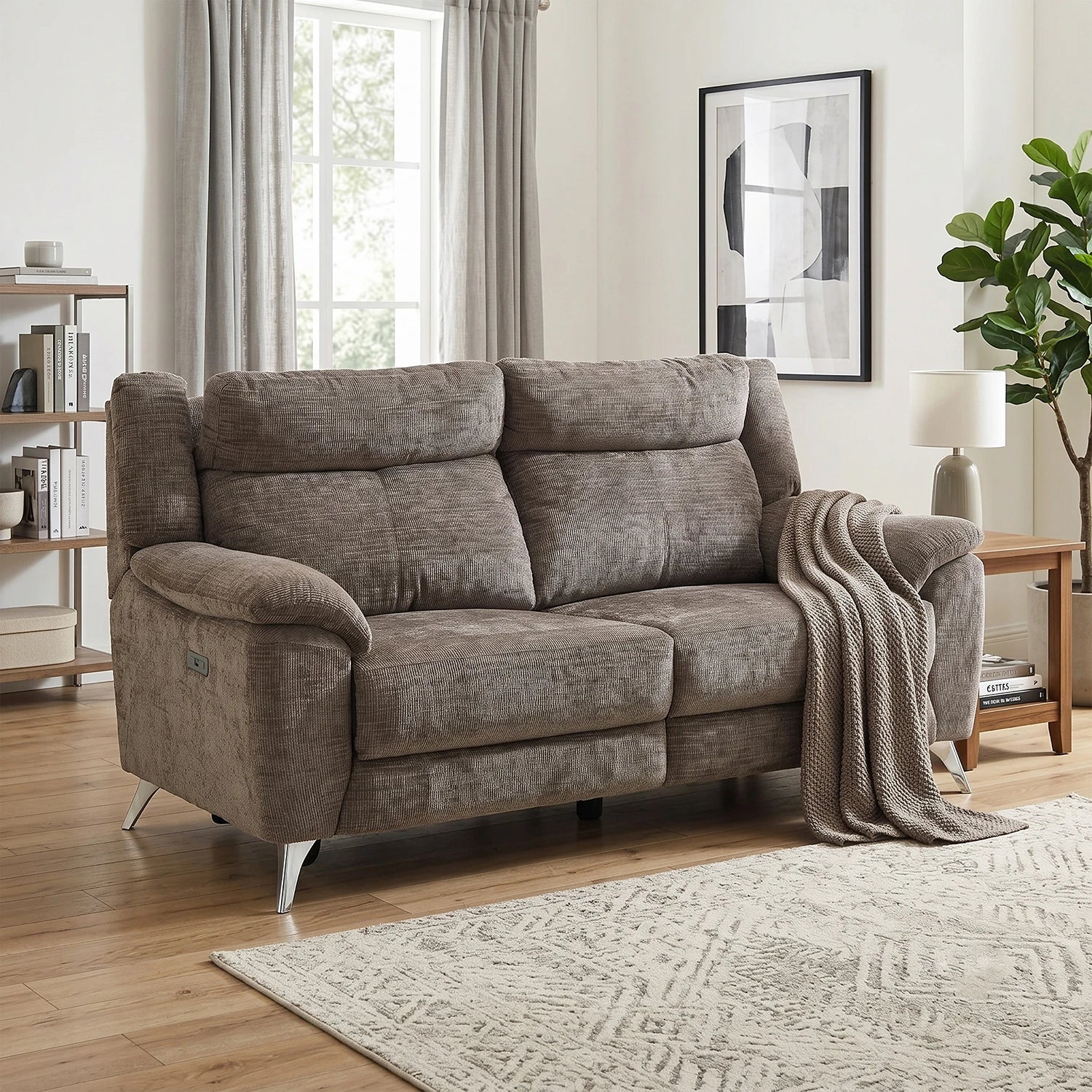 Spencer Monroe Brown fabric Power reclining Modern Sofa Upholstered in Chenille Fabric