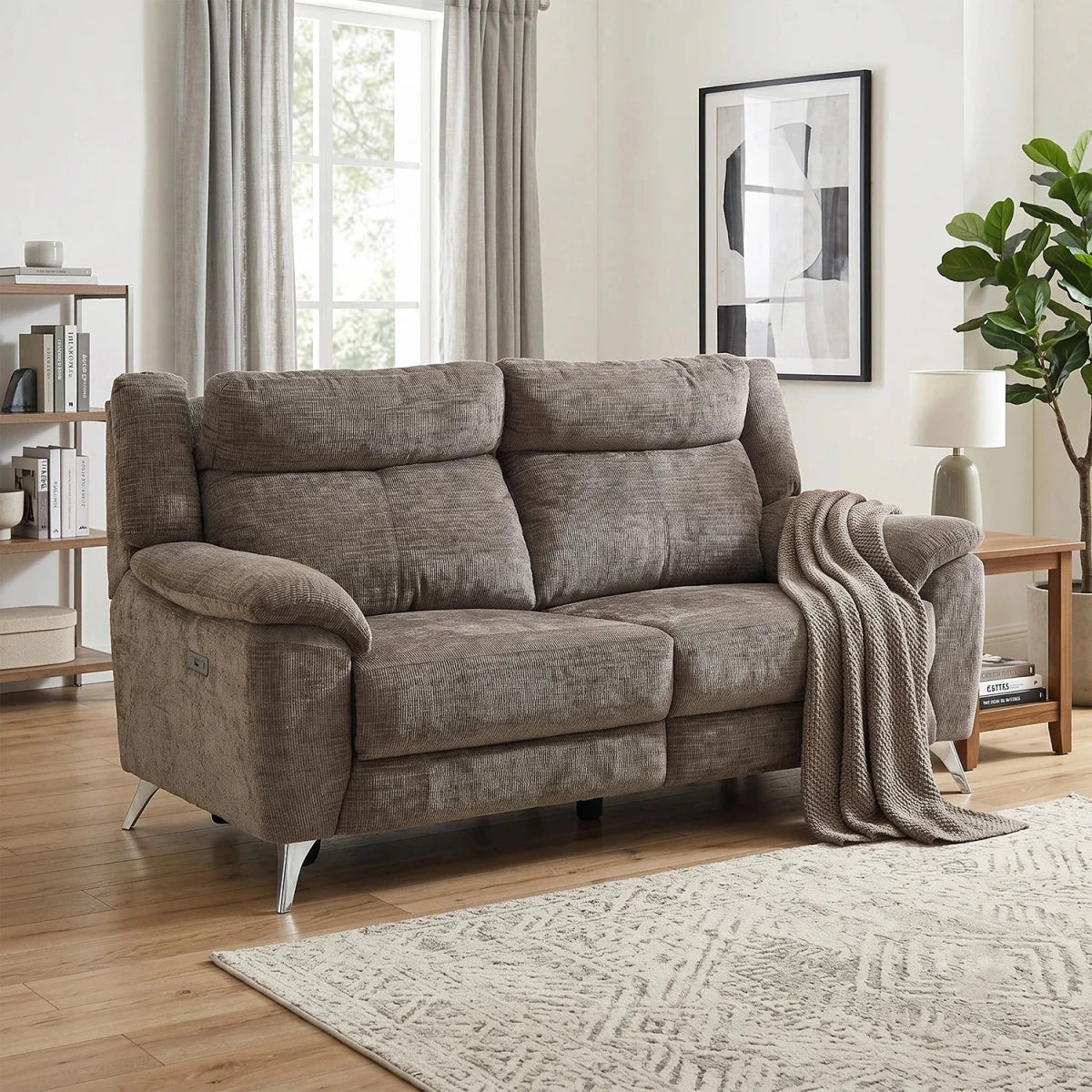 Spencer Monroe Brown fabric Power reclining Modern Sofa Upholstered in Chenille Fabric
