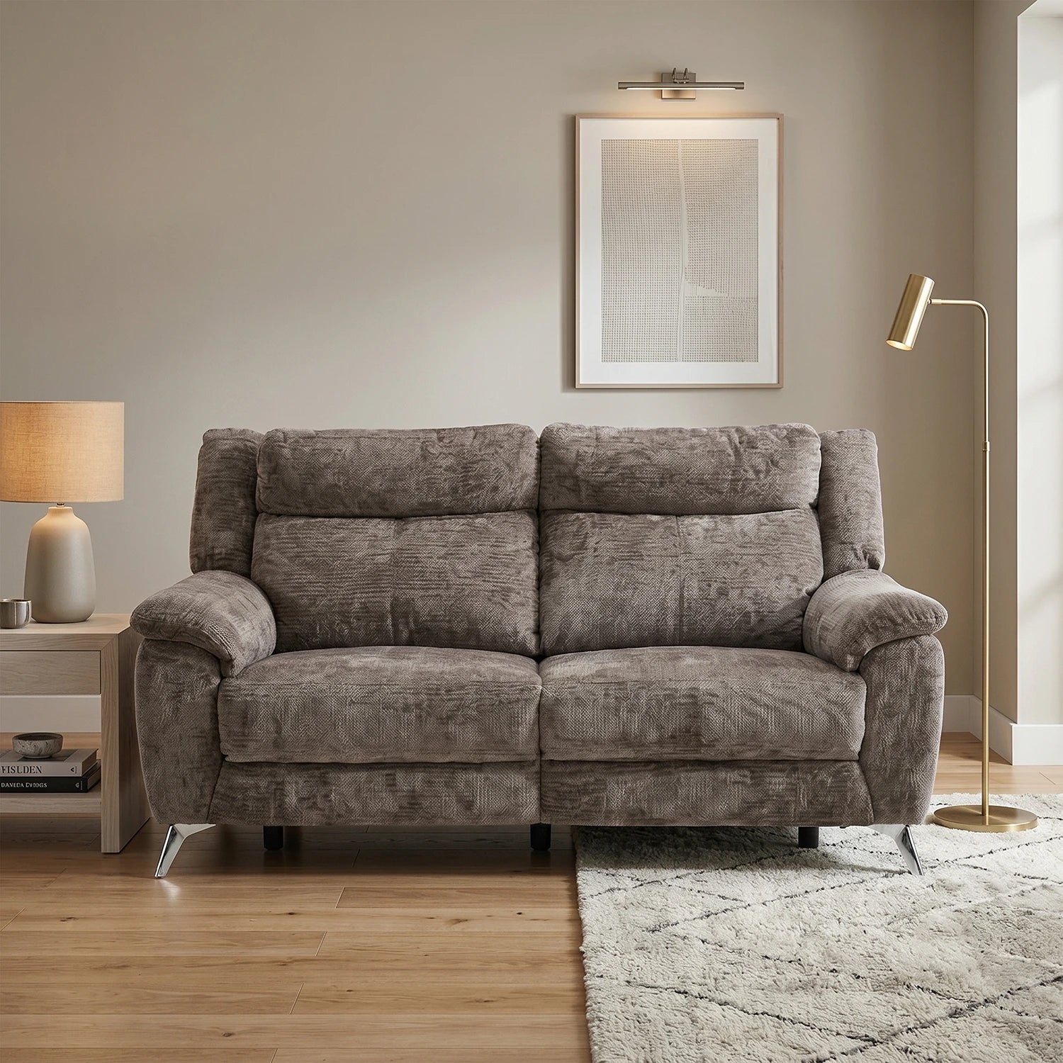 Spencer Monroe Brown fabric Power reclining Modern Sofa Upholstered in Chenille Fabric with Adjustable Head rest