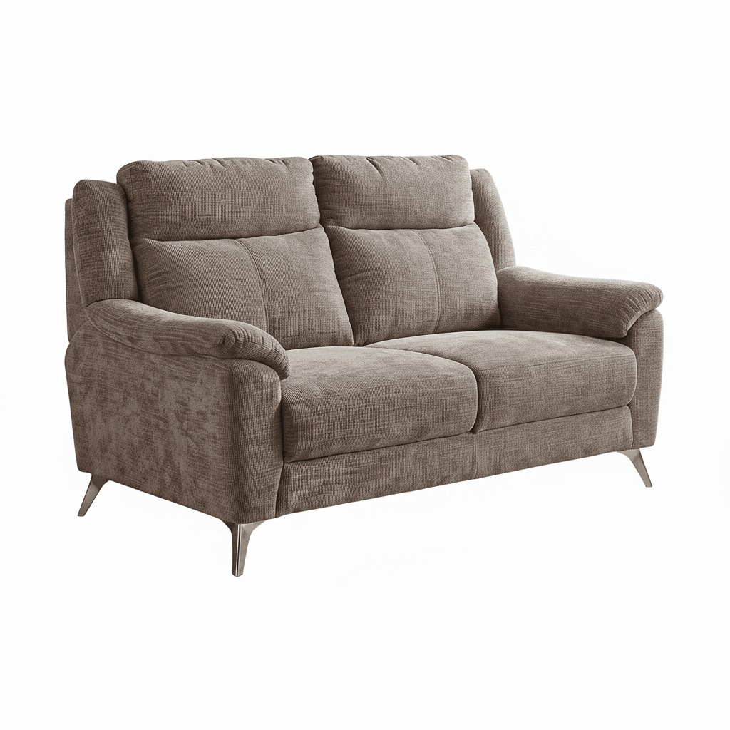 A two-seater loveseat sofa upholstered in textured taupe fabric, styled in a living room setting with a side table, window, and rug.