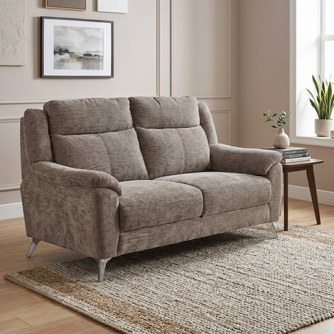 Modern Spencer Chenille Textured Brown Fabric 3 Seater Fixed Sofa With Chrome Finish Metal Legs 