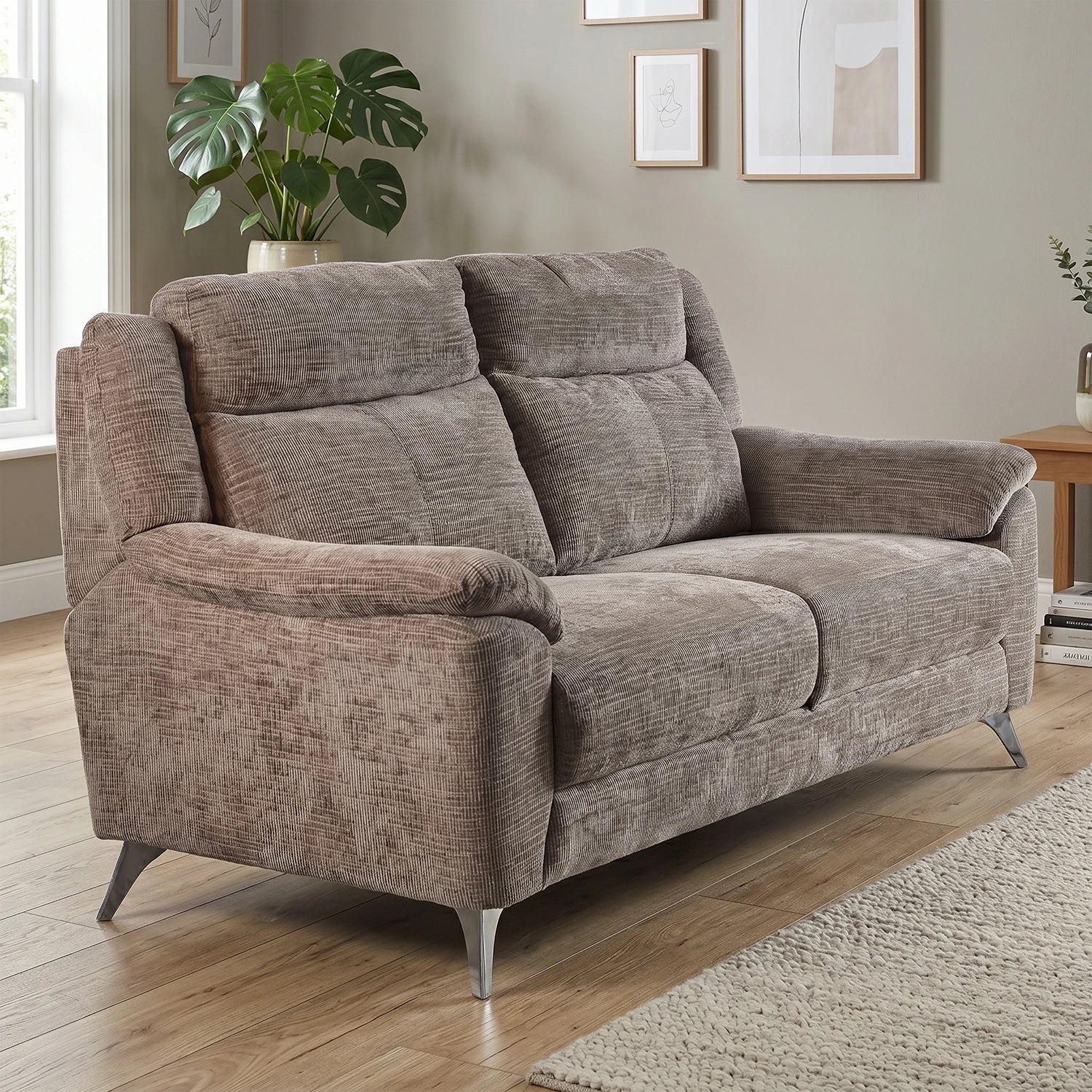 Modern Spencer Chenille Textured Brown Fabric 2 Seater Fixed Sofa With Chrome Finish Metal Legs 