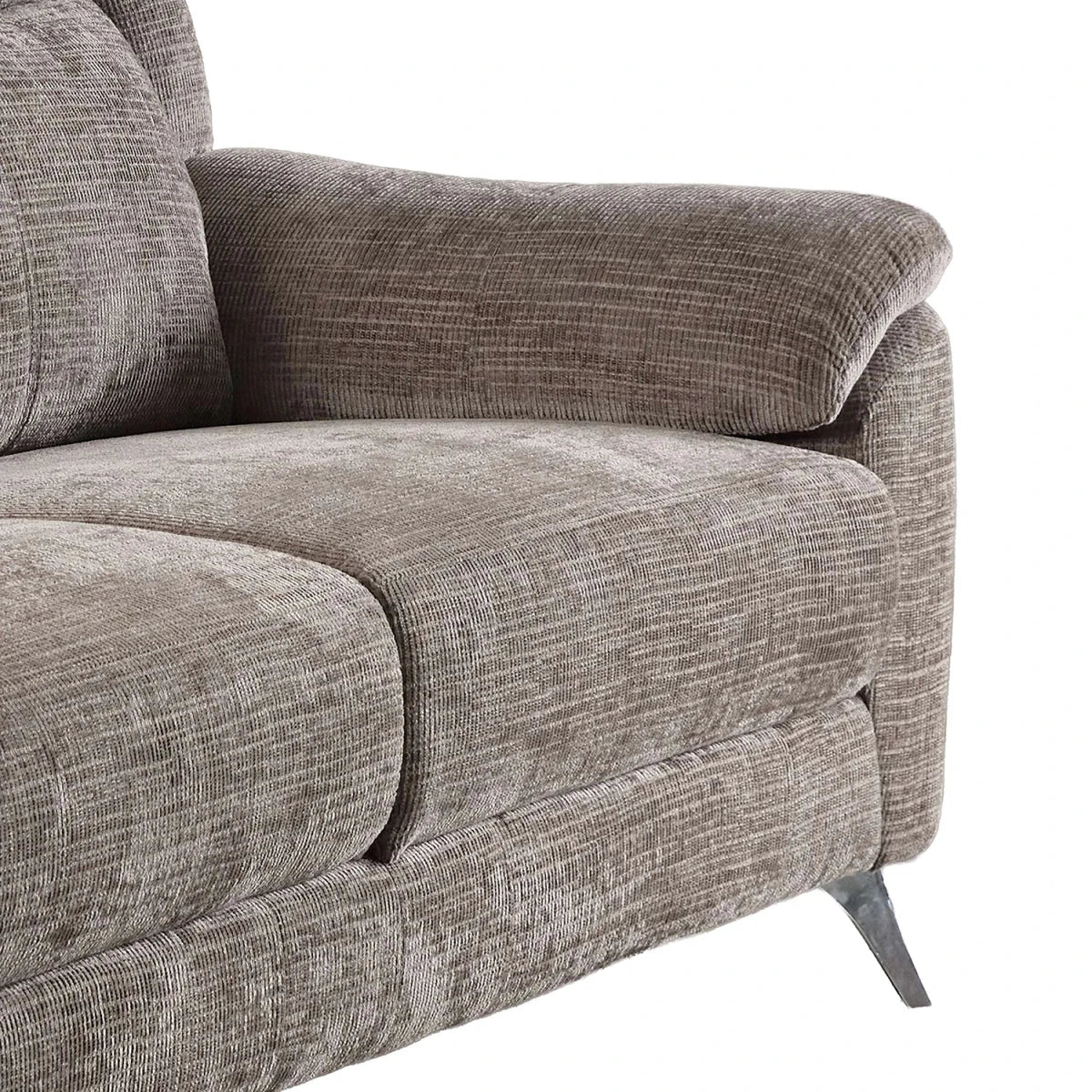 Close-up of a tModern Spencer Chenille Textured Brown Fabric 3 Seater Fixed Sofa armrest and seat cushion on a white background.
