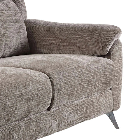 Close-up of a tModern Spencer Chenille Textured Brown Fabric 3 Seater Fixed Sofa armrest and seat cushion on a white background.