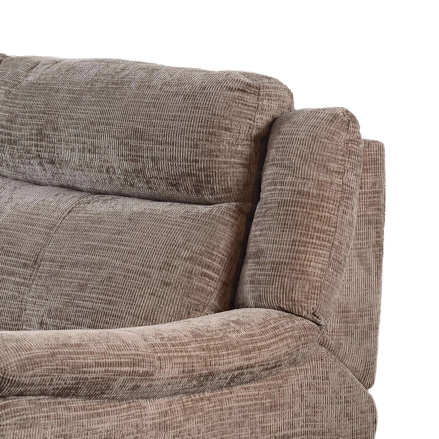 Close-up of a textured upholstered armchair cushion in a taupe-brown fabric, showing the seat back and arm detail against a plain white background.