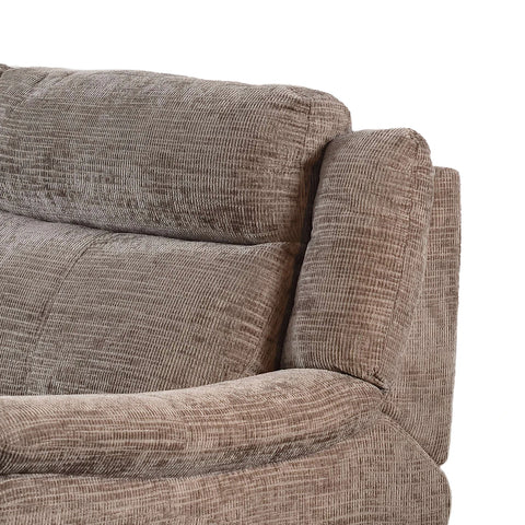 Close-up of a textured upholstered armchair cushion in a taupe-brown fabric, showing the seat back and arm detail against a plain white background.