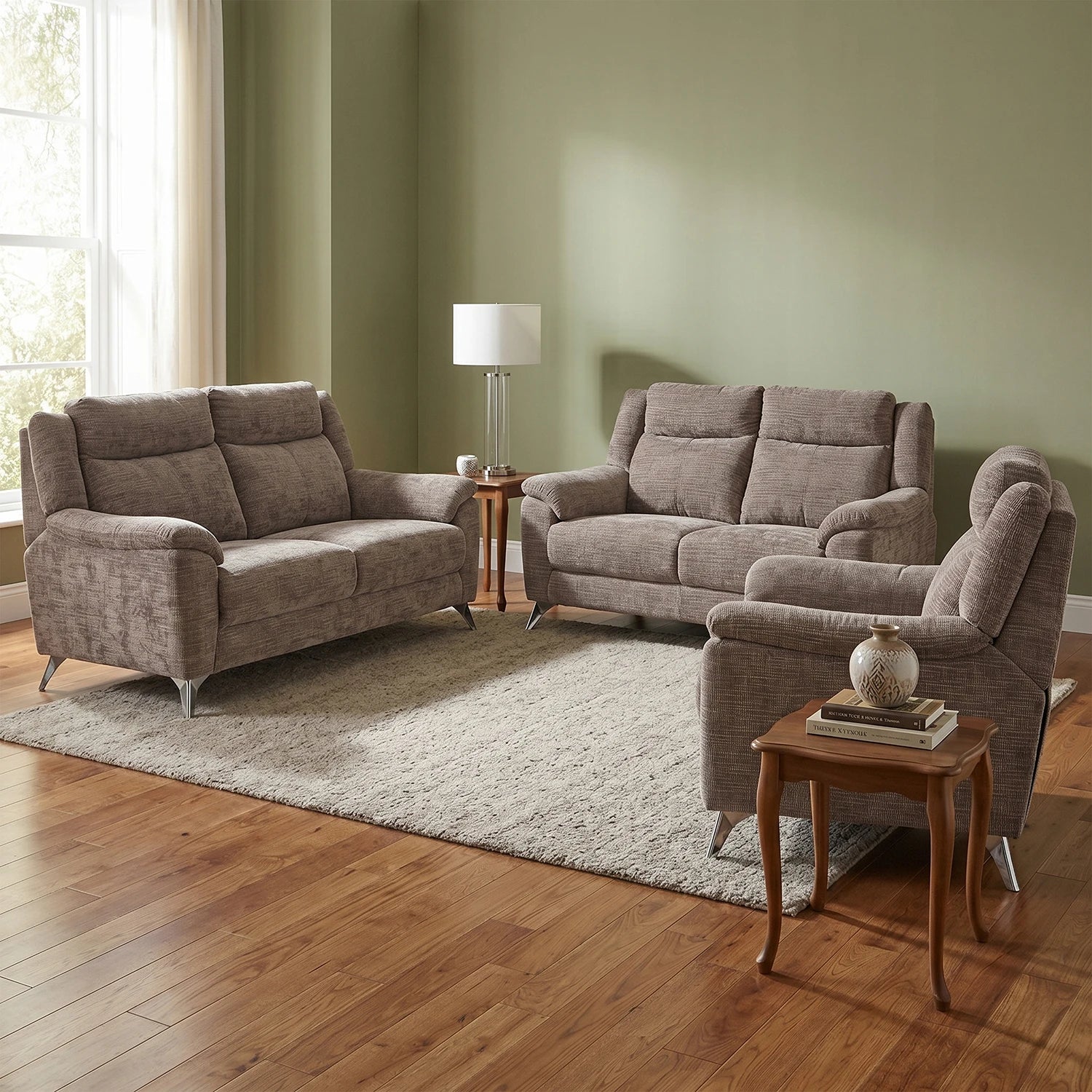 A 3-piece Monroe Spencer Brown fabric Power reclining Modern Sofa Upholstered in Chenille Fabric , available as 3 Seater, 2 Seater or Arm Chair