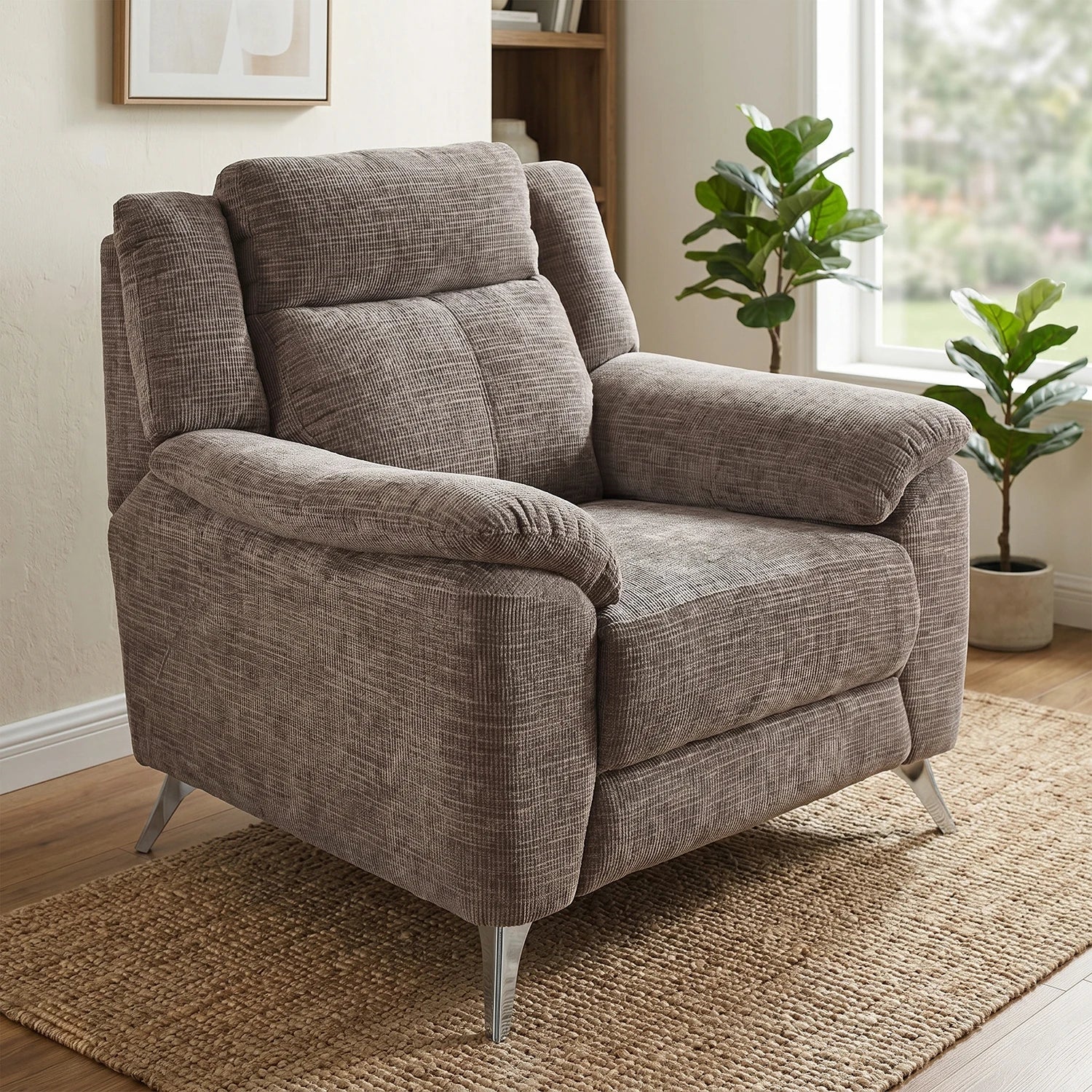 Modern Spencer Chenille Textured Brown Fabric Arm Chair With Chrome Finish Metal Legs 