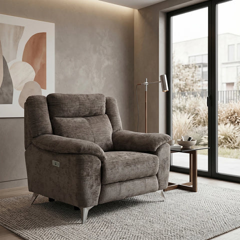 Modern & Glamour Monroe Spencer Brown Chenille Fabric Power Recliner Arm Chair with Chrome Metal Legs 