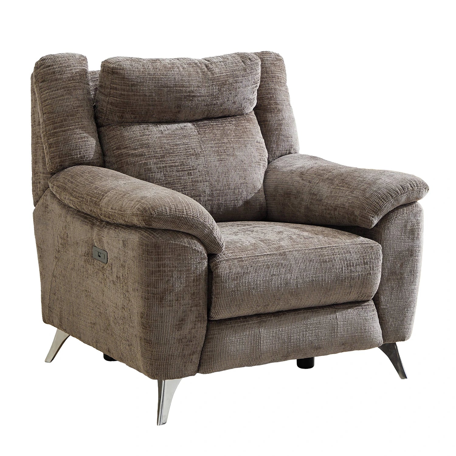 Modern & Glamour Monroe Spencer Brown Chenille Fabric Power Recliner Arm Chair with Chrome Metal Legs 