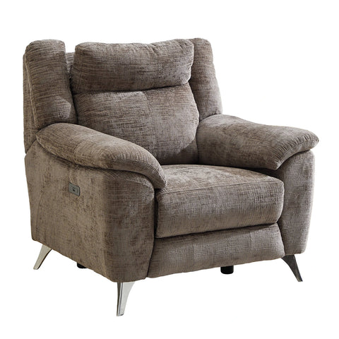 Modern & Glamour Monroe Spencer Brown Chenille Fabric Power Recliner Arm Chair with Chrome Metal Legs 