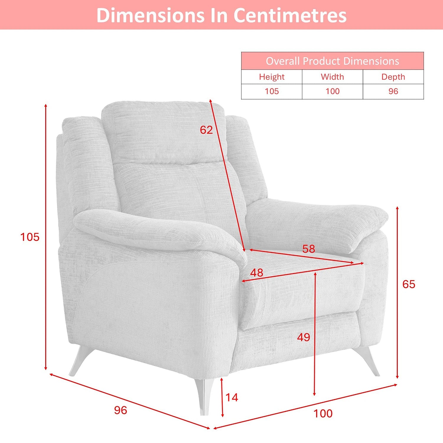 Monroe Spencer armchair shown with red dimension lines and a small table listing overall product dimensions in centimeters on a white background.