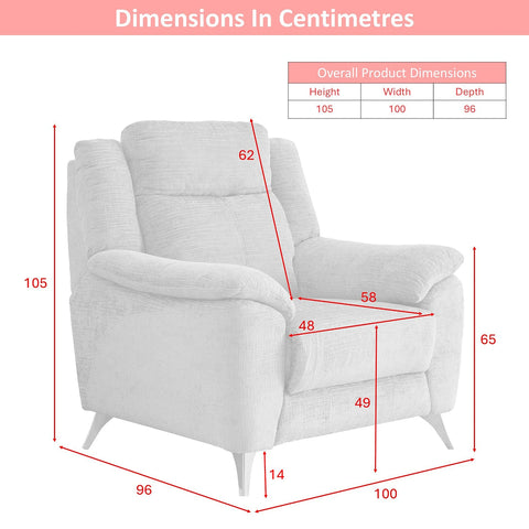 Monroe Spencer armchair shown with red dimension lines and a small table listing overall product dimensions in centimeters on a white background.