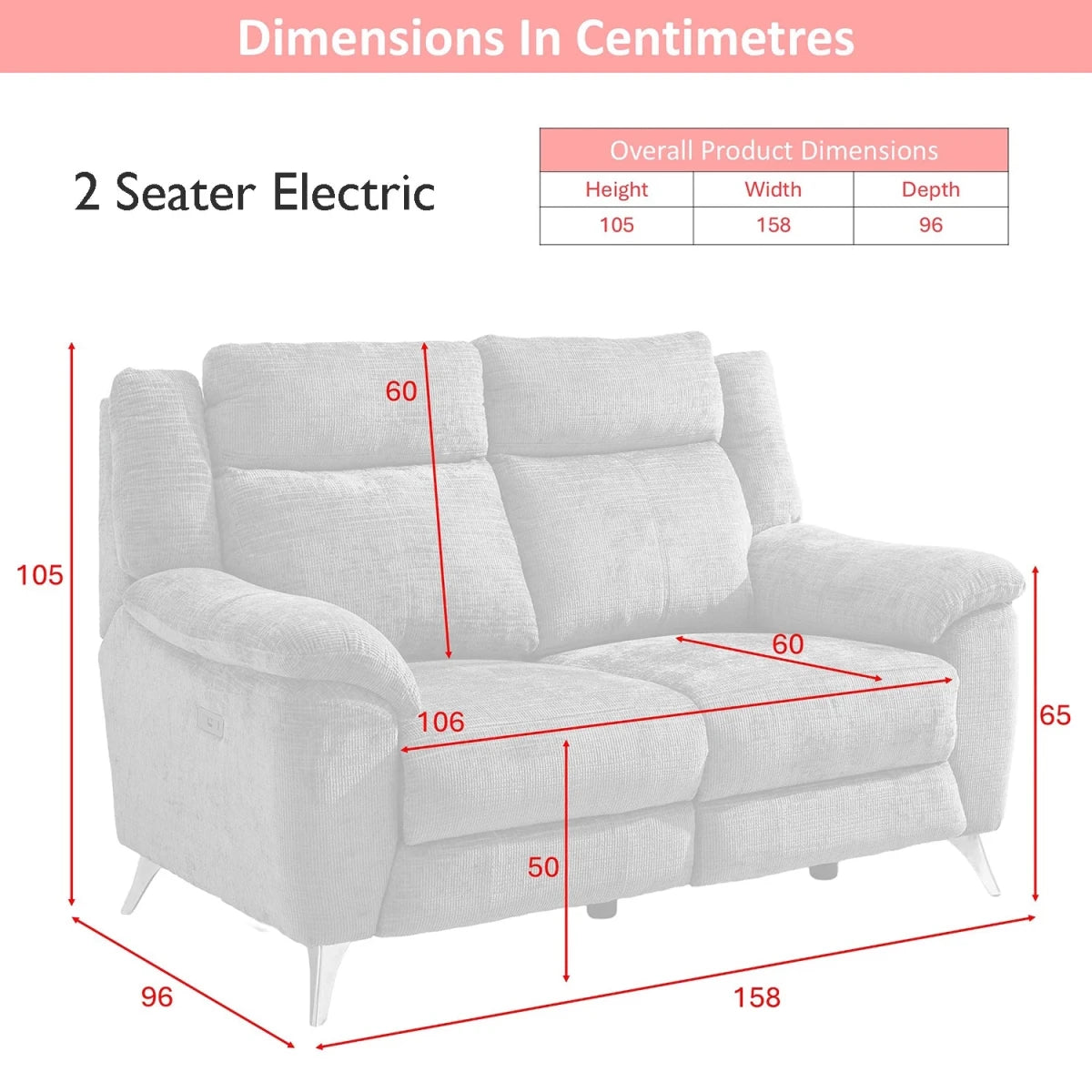 A dimension diagram of a Monroe Spencer 2 seater electric sofa , showing measurements in centimeters for height, width, and depth, with a product dimensions table at the top right.