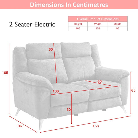 A dimension diagram of a Monroe Spencer 2 seater electric sofa , showing measurements in centimeters for height, width, and depth, with a product dimensions table at the top right.