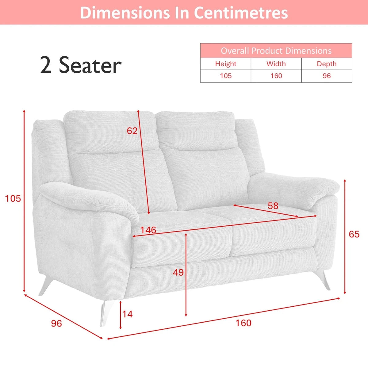Modern Spencer Chenille Textured Brown Fabric 2 Seater Fixed Sofa With Chrome Finish Metal Legs  shown with red dimension lines and a small product dimensions table, labeled 'Dimensions In Centimetres' and '2 Seater.'.